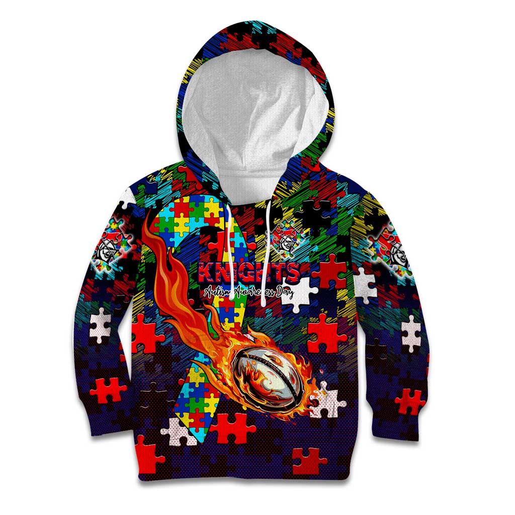 Knights Autism Awareness Kid Hoodie Puzzle Flames Rugby Ball