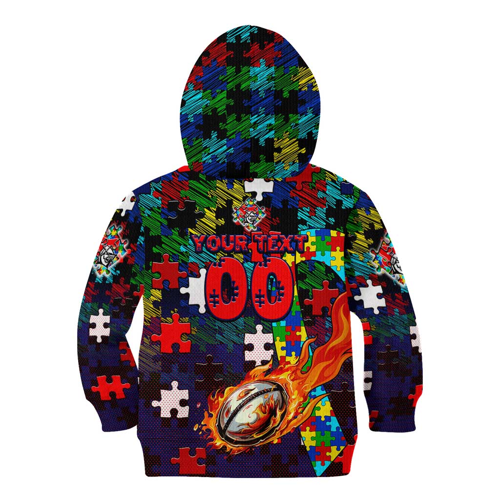 Knights Autism Awareness Kid Hoodie Puzzle Flames Rugby Ball