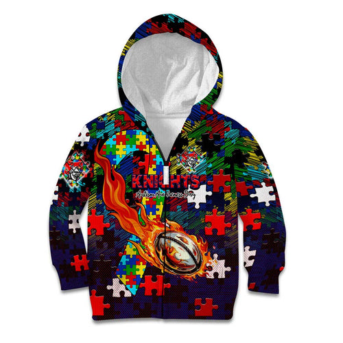 Knights Autism Awareness Kid Hoodie Puzzle Flames Rugby Ball
