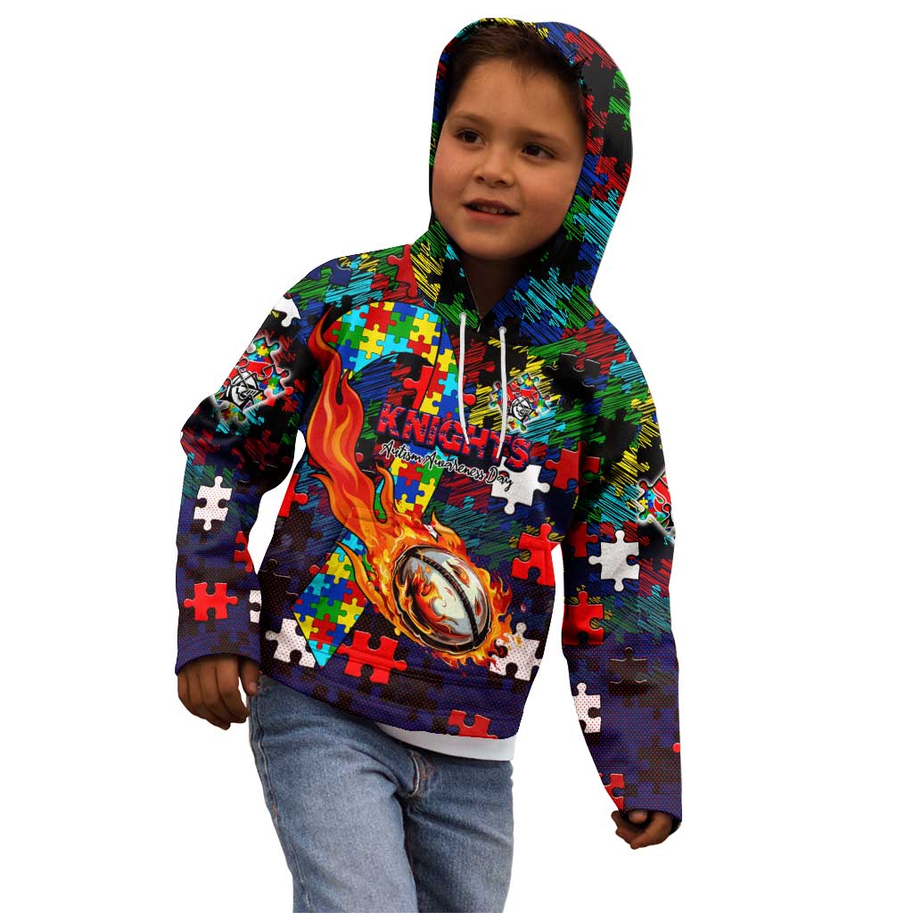 Knights Autism Awareness Kid Hoodie Puzzle Flames Rugby Ball