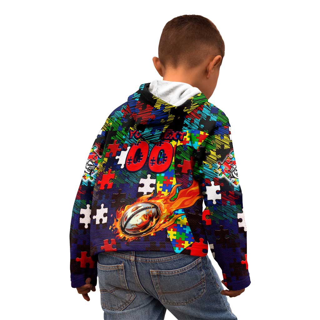 Knights Autism Awareness Kid Hoodie Puzzle Flames Rugby Ball