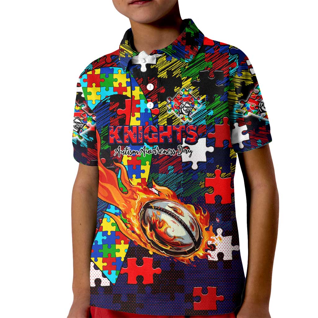 Knights Autism Awareness Kid Polo Shirt Puzzle Flames Rugby Ball