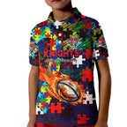 Knights Autism Awareness Kid Polo Shirt Puzzle Flames Rugby Ball