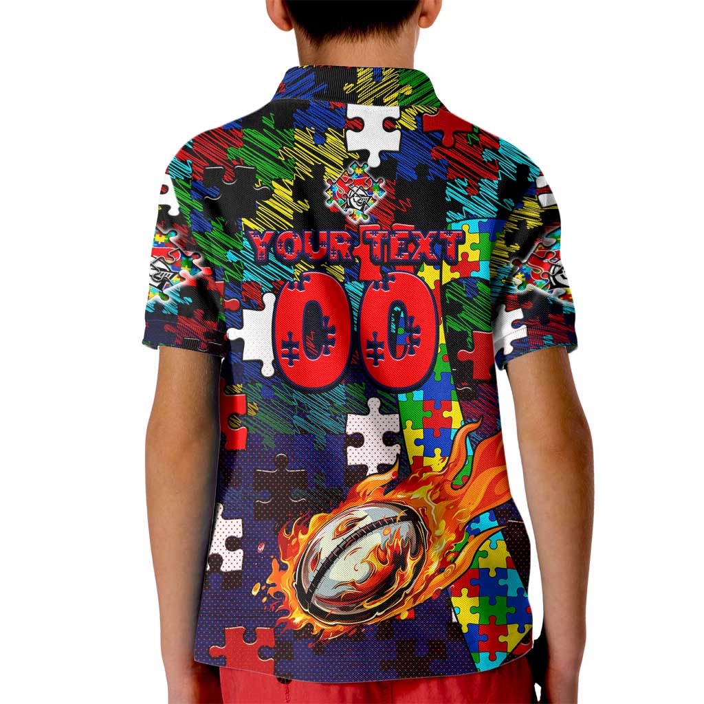 Knights Autism Awareness Kid Polo Shirt Puzzle Flames Rugby Ball