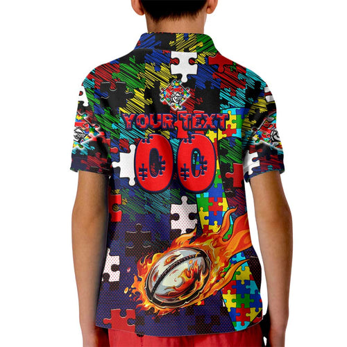 Knights Autism Awareness Kid Polo Shirt Puzzle Flames Rugby Ball
