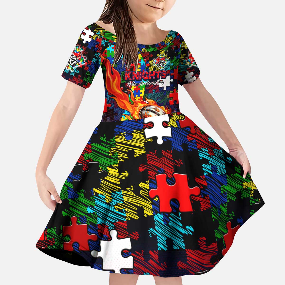 Knights Autism Awareness Kid Short Sleeve Dress Puzzle Flames Rugby Ball