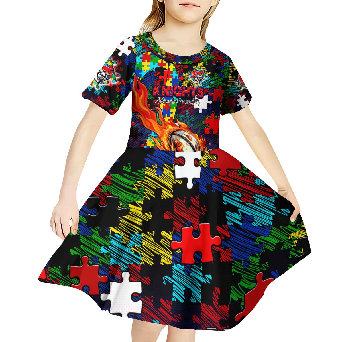 Knights Autism Awareness Kid Short Sleeve Dress Puzzle Flames Rugby Ball