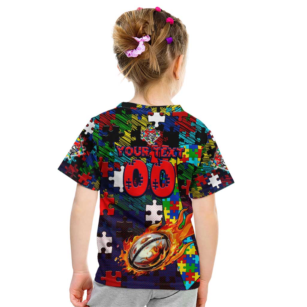 Knights Autism Awareness Kid T Shirt Puzzle Flames Rugby Ball