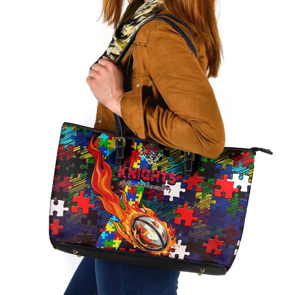 Knights Autism Awareness Leather Tote Bag Puzzle Flames Rugby Ball