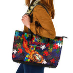 Knights Autism Awareness Leather Tote Bag Puzzle Flames Rugby Ball