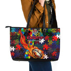 Knights Autism Awareness Leather Tote Bag Puzzle Flames Rugby Ball