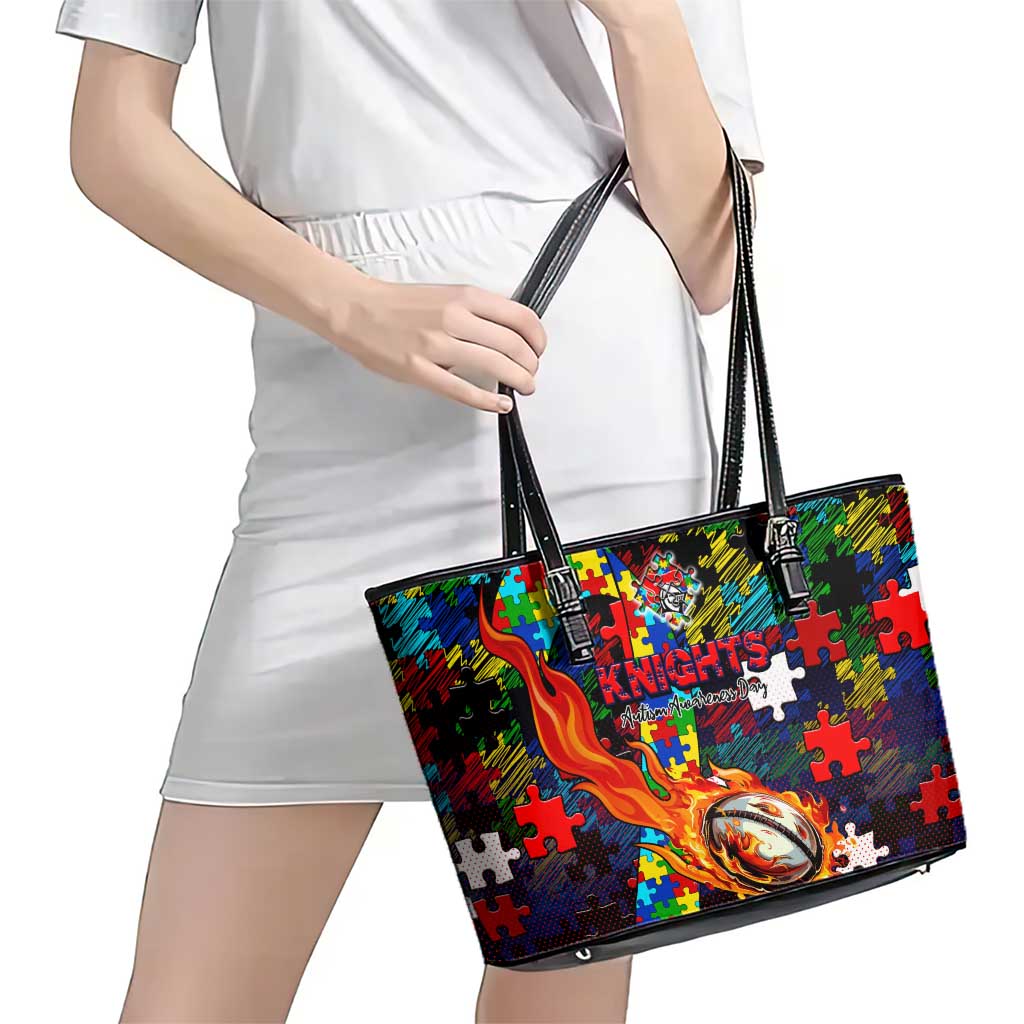 Knights Autism Awareness Leather Tote Bag Puzzle Flames Rugby Ball