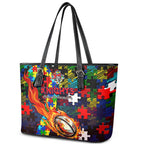 Knights Autism Awareness Leather Tote Bag Puzzle Flames Rugby Ball