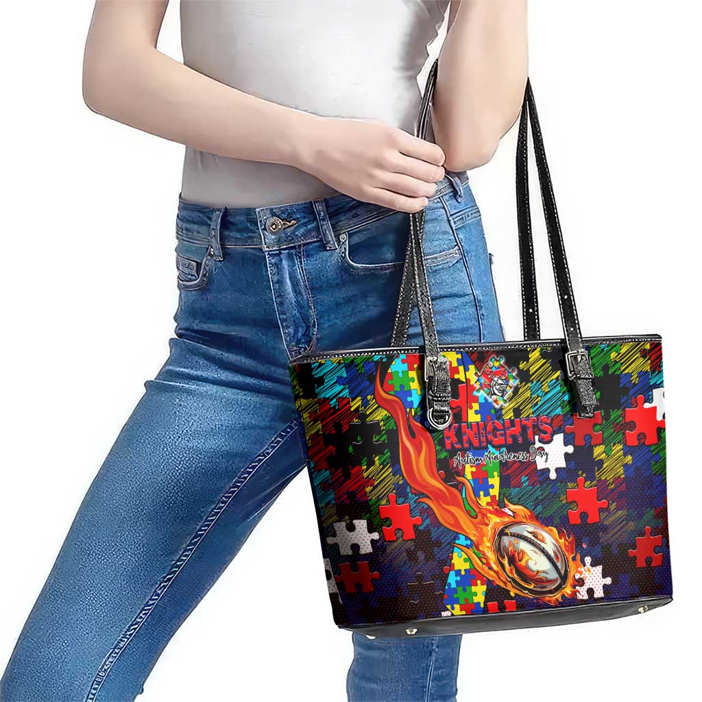Knights Autism Awareness Leather Tote Bag Puzzle Flames Rugby Ball