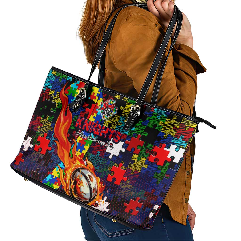 Knights Autism Awareness Leather Tote Bag Puzzle Flames Rugby Ball