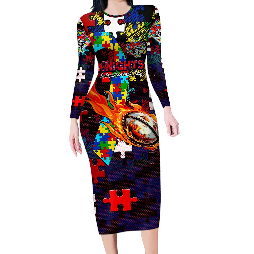 Knights Autism Awareness Long Sleeve Bodycon Dress Puzzle Flames Rugby Ball