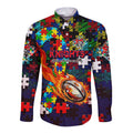 Knights Autism Awareness Long Sleeve Button Shirt Puzzle Flames Rugby Ball