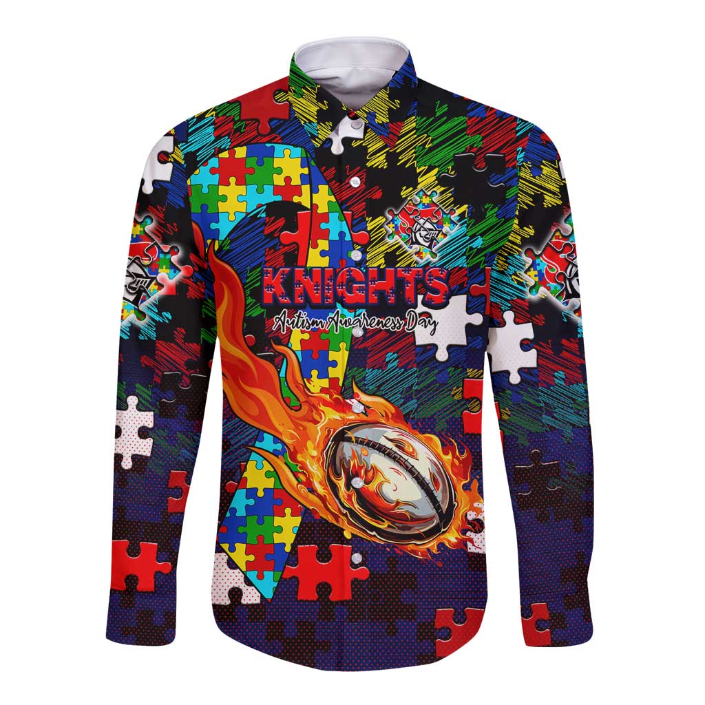Knights Autism Awareness Long Sleeve Button Shirt Puzzle Flames Rugby Ball