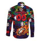 Knights Autism Awareness Long Sleeve Button Shirt Puzzle Flames Rugby Ball