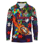 Knights Autism Awareness Long Sleeve Polo Shirt Puzzle Flames Rugby Ball