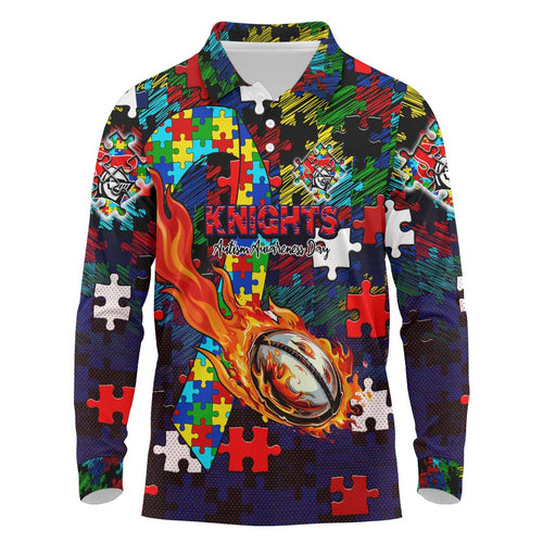 Knights Autism Awareness Long Sleeve Polo Shirt Puzzle Flames Rugby Ball