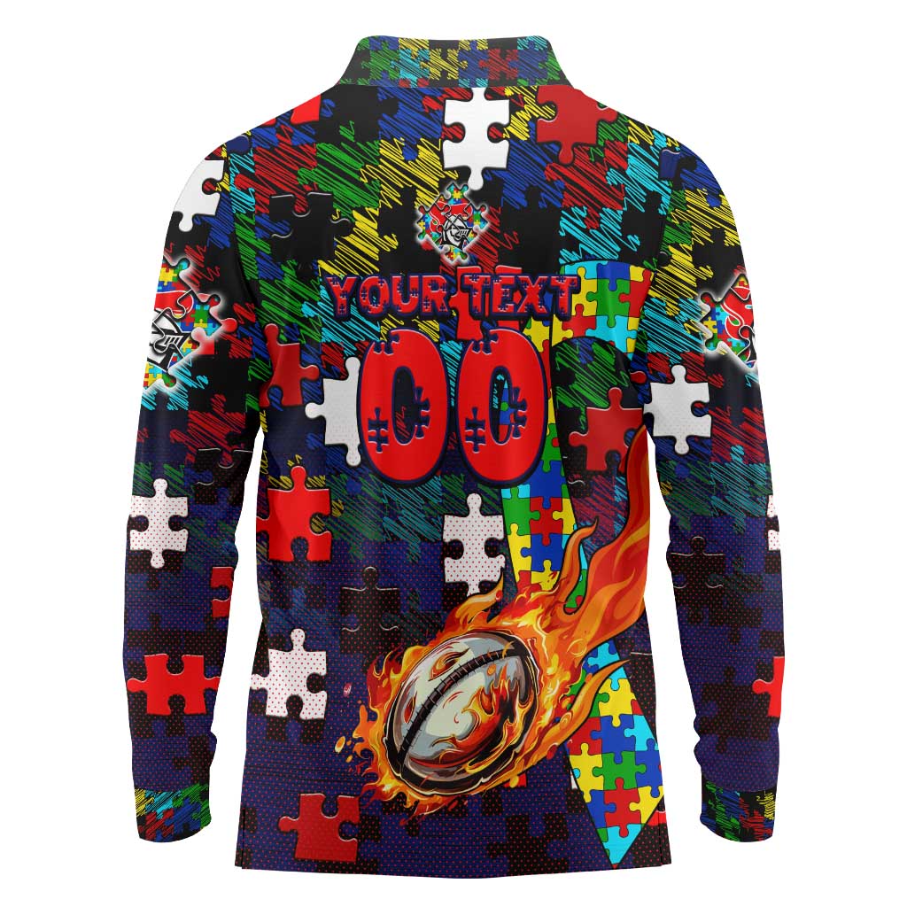Knights Autism Awareness Long Sleeve Polo Shirt Puzzle Flames Rugby Ball