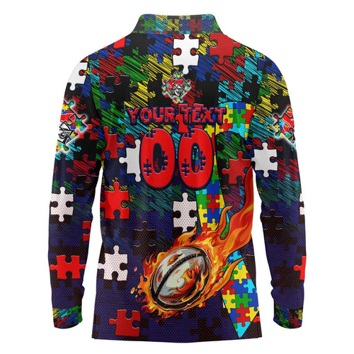 Knights Autism Awareness Long Sleeve Polo Shirt Puzzle Flames Rugby Ball