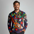 Knights Autism Awareness Long Sleeve Polo Shirt Puzzle Flames Rugby Ball