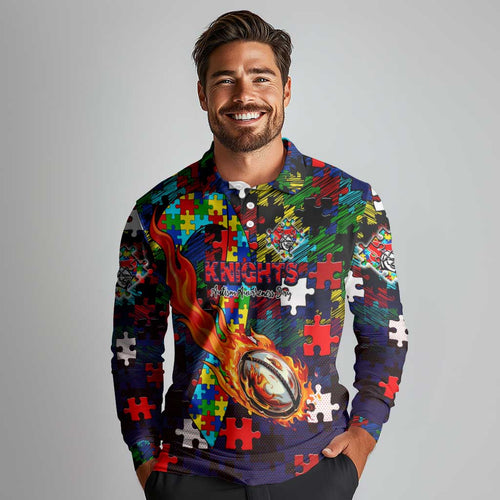 Knights Autism Awareness Long Sleeve Polo Shirt Puzzle Flames Rugby Ball