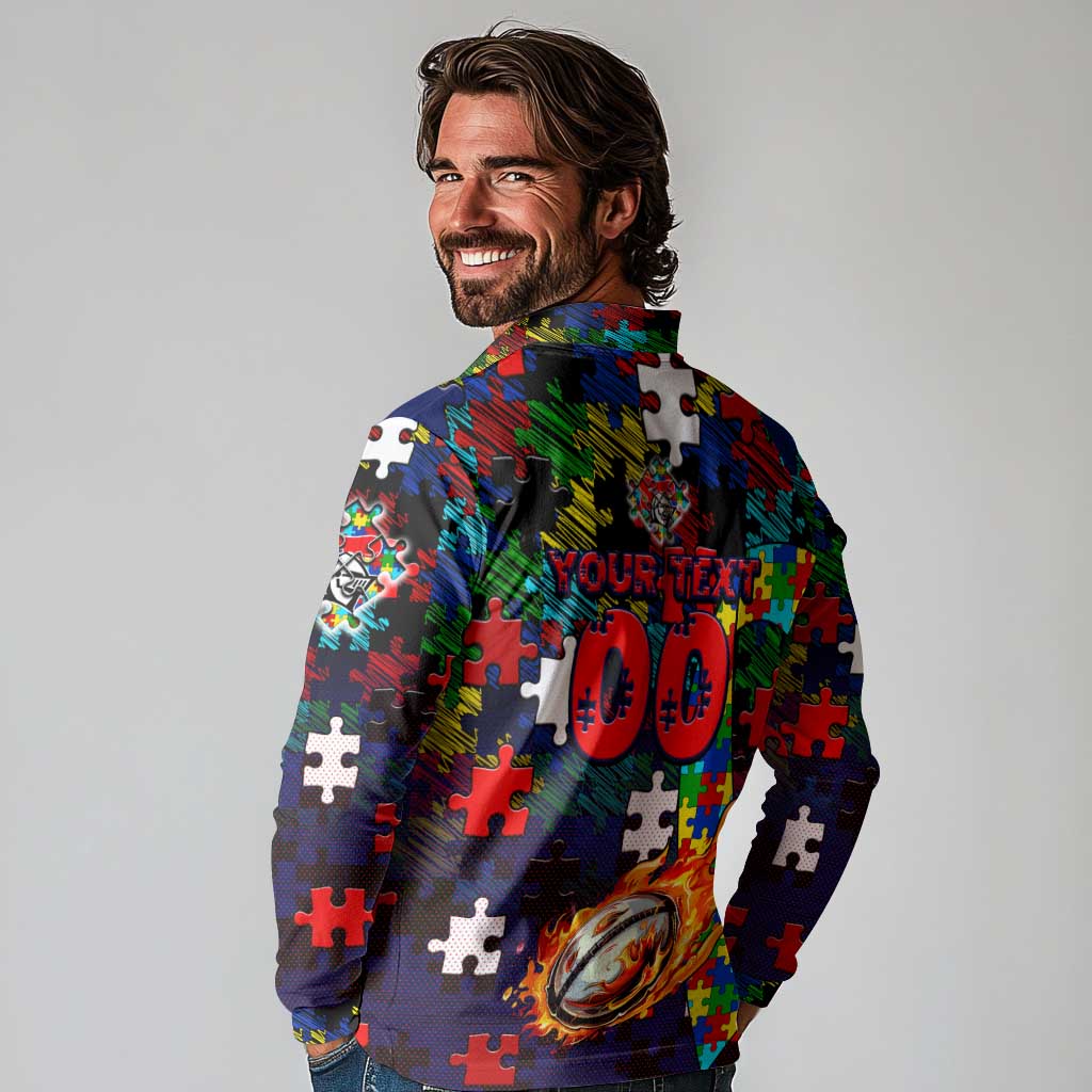 Knights Autism Awareness Long Sleeve Polo Shirt Puzzle Flames Rugby Ball