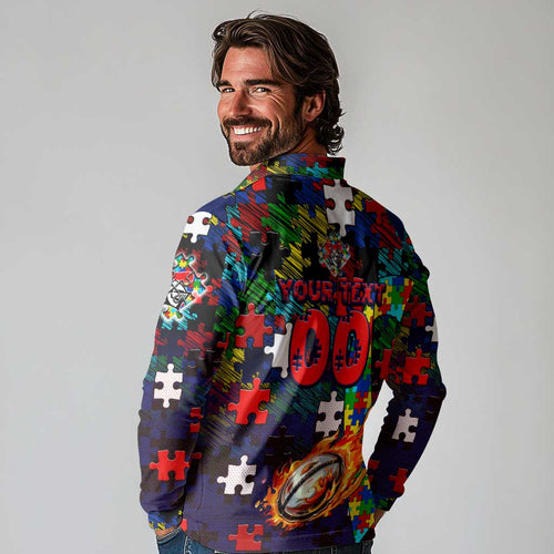 Knights Autism Awareness Long Sleeve Polo Shirt Puzzle Flames Rugby Ball
