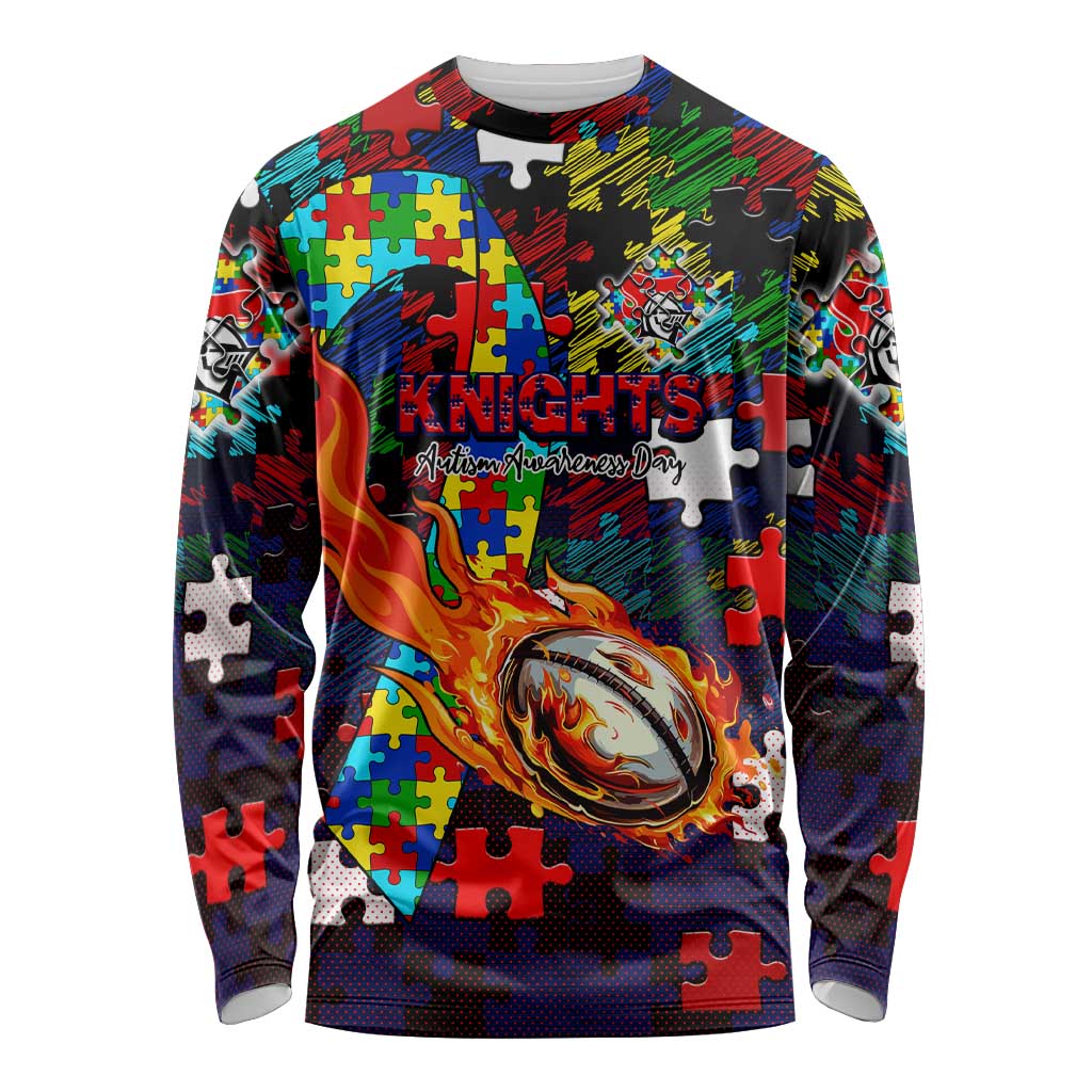 Knights Autism Awareness Long Sleeve Shirt Puzzle Flames Rugby Ball