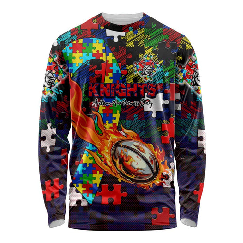 Knights Autism Awareness Long Sleeve Shirt Puzzle Flames Rugby Ball