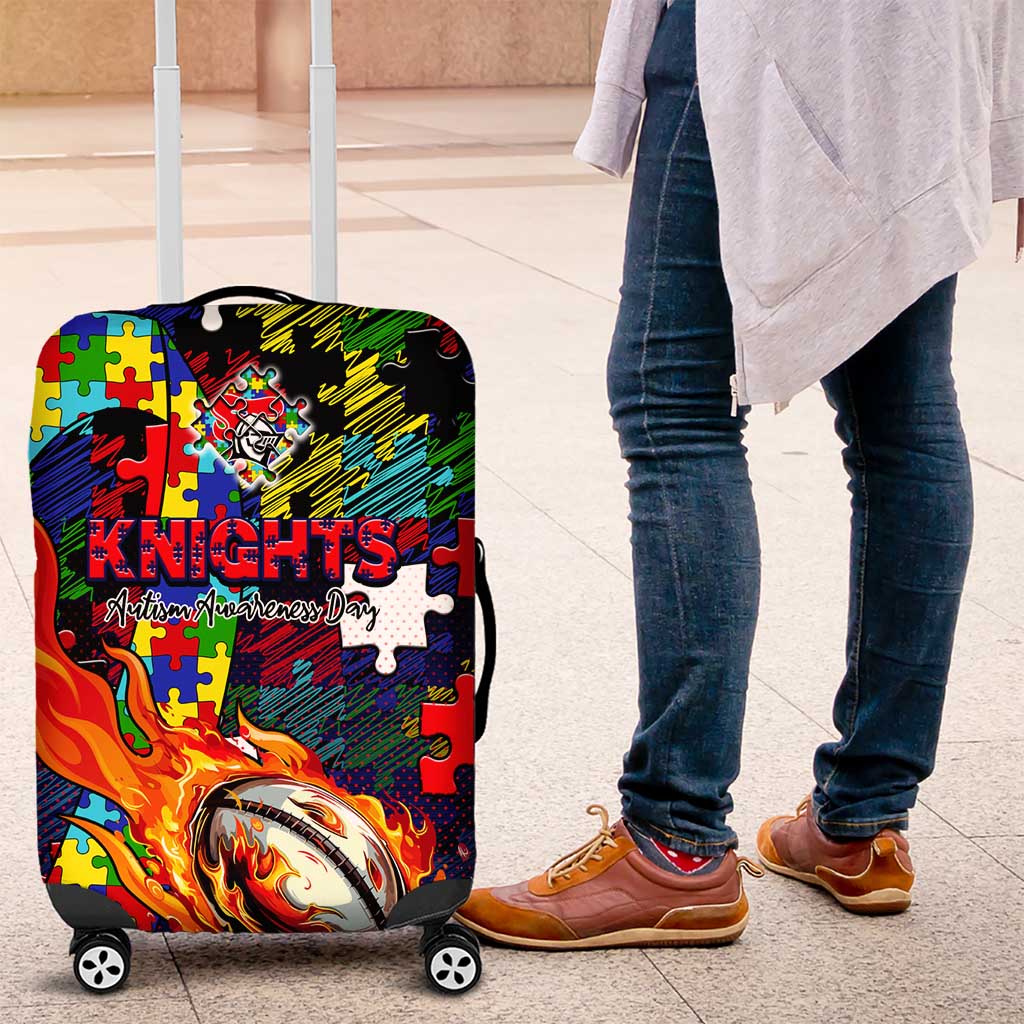 Knights Autism Awareness Luggage Cover Puzzle Flames Rugby Ball