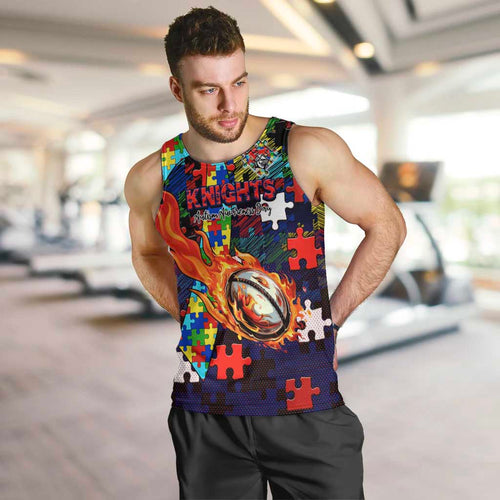 Knights Autism Awareness Men Tank Top Puzzle Flames Rugby Ball