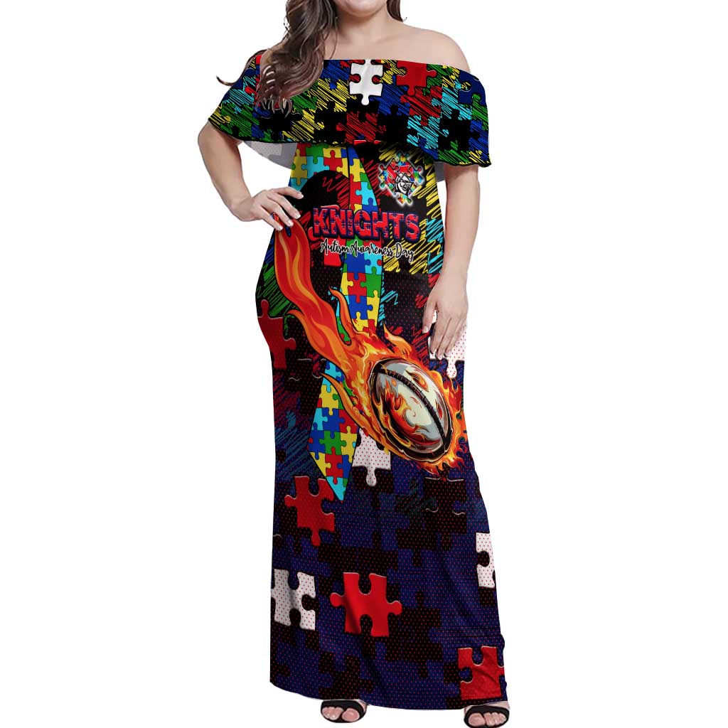 Knights Autism Awareness Off Shoulder Maxi Dress Puzzle Flames Rugby Ball