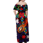 Knights Autism Awareness Off Shoulder Maxi Dress Puzzle Flames Rugby Ball
