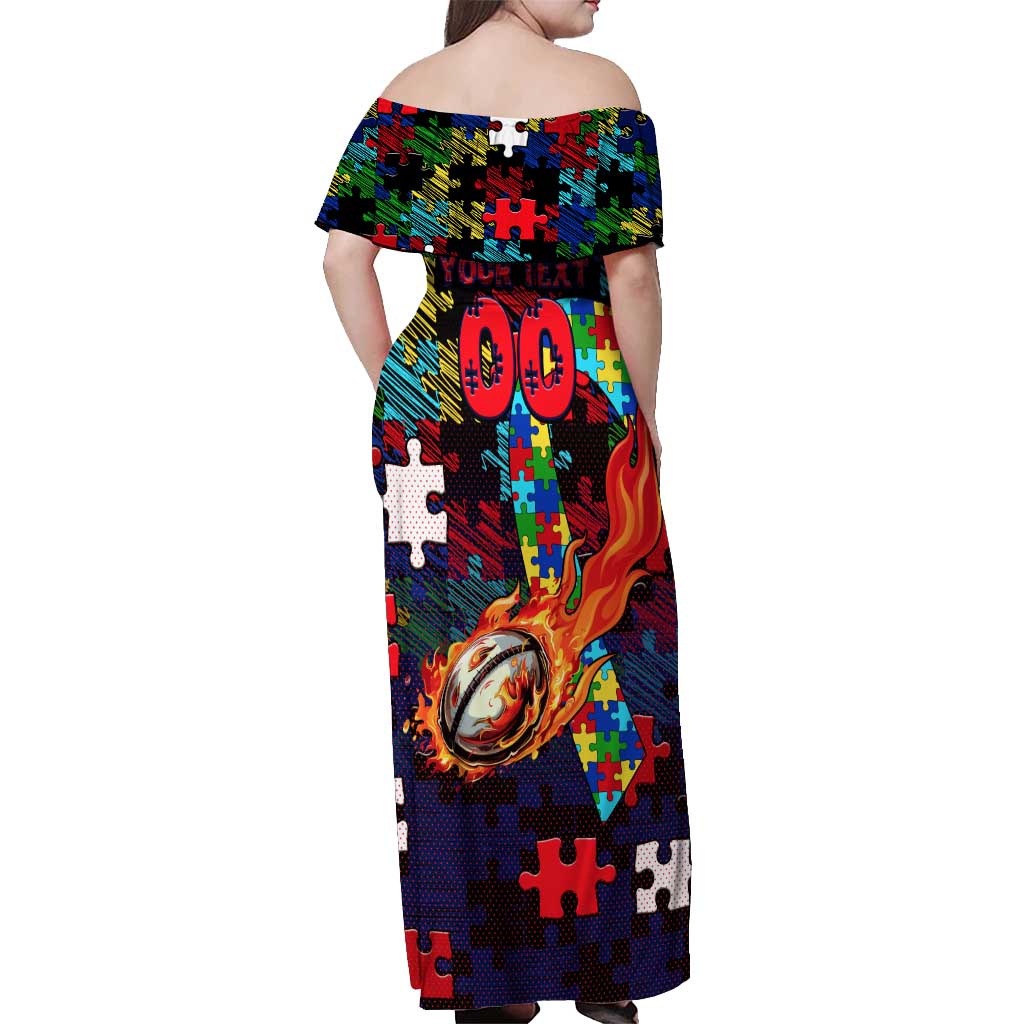 Knights Autism Awareness Off Shoulder Maxi Dress Puzzle Flames Rugby Ball