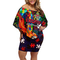 Knights Autism Awareness Off Shoulder Short Dress Puzzle Flames Rugby Ball