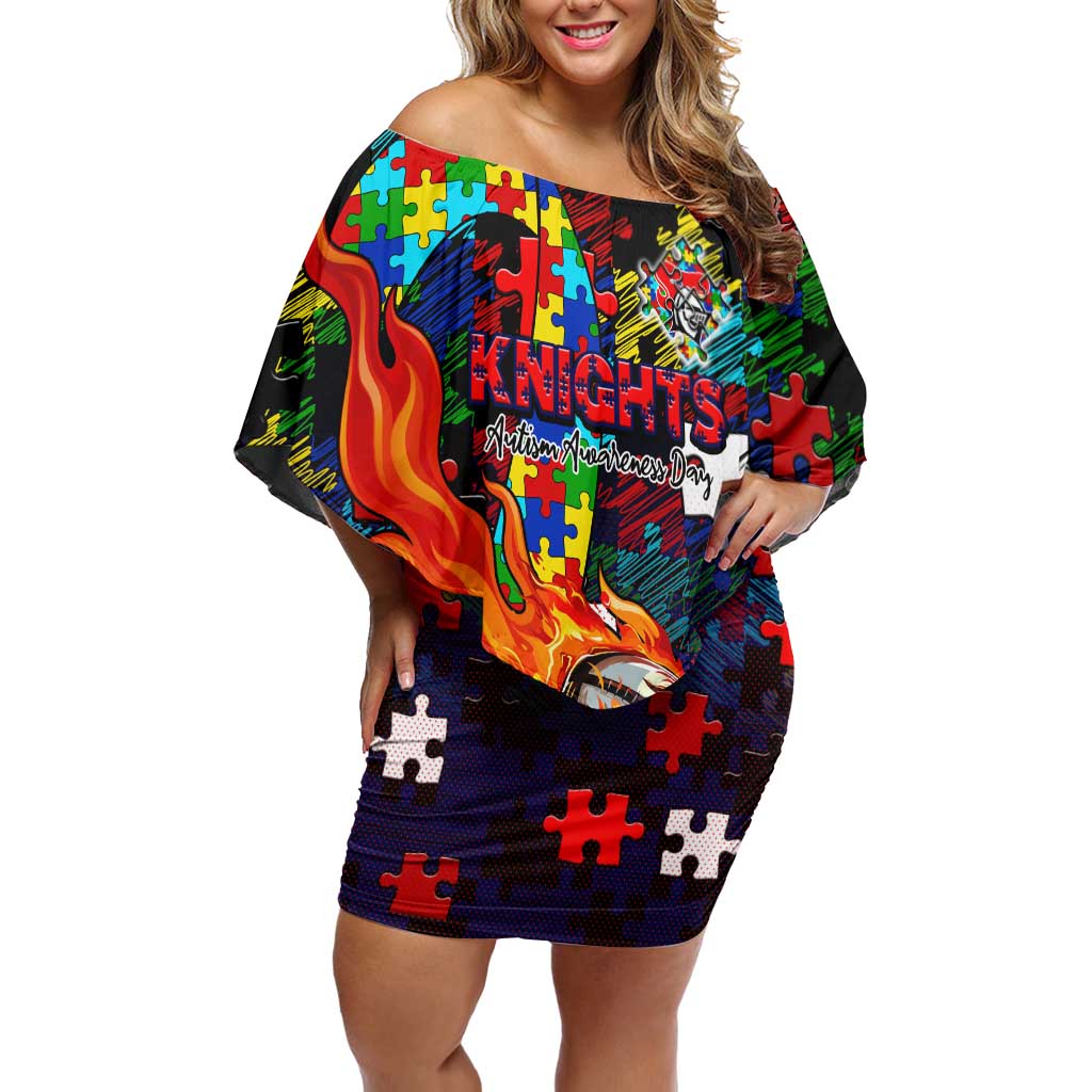 Knights Autism Awareness Off Shoulder Short Dress Puzzle Flames Rugby Ball