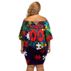 Knights Autism Awareness Off Shoulder Short Dress Puzzle Flames Rugby Ball