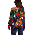 Knights Autism Awareness Off Shoulder Sweater Puzzle Flames Rugby Ball