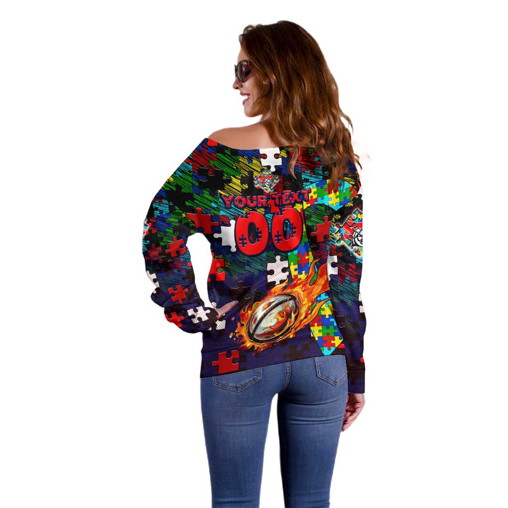 Knights Autism Awareness Off Shoulder Sweater Puzzle Flames Rugby Ball