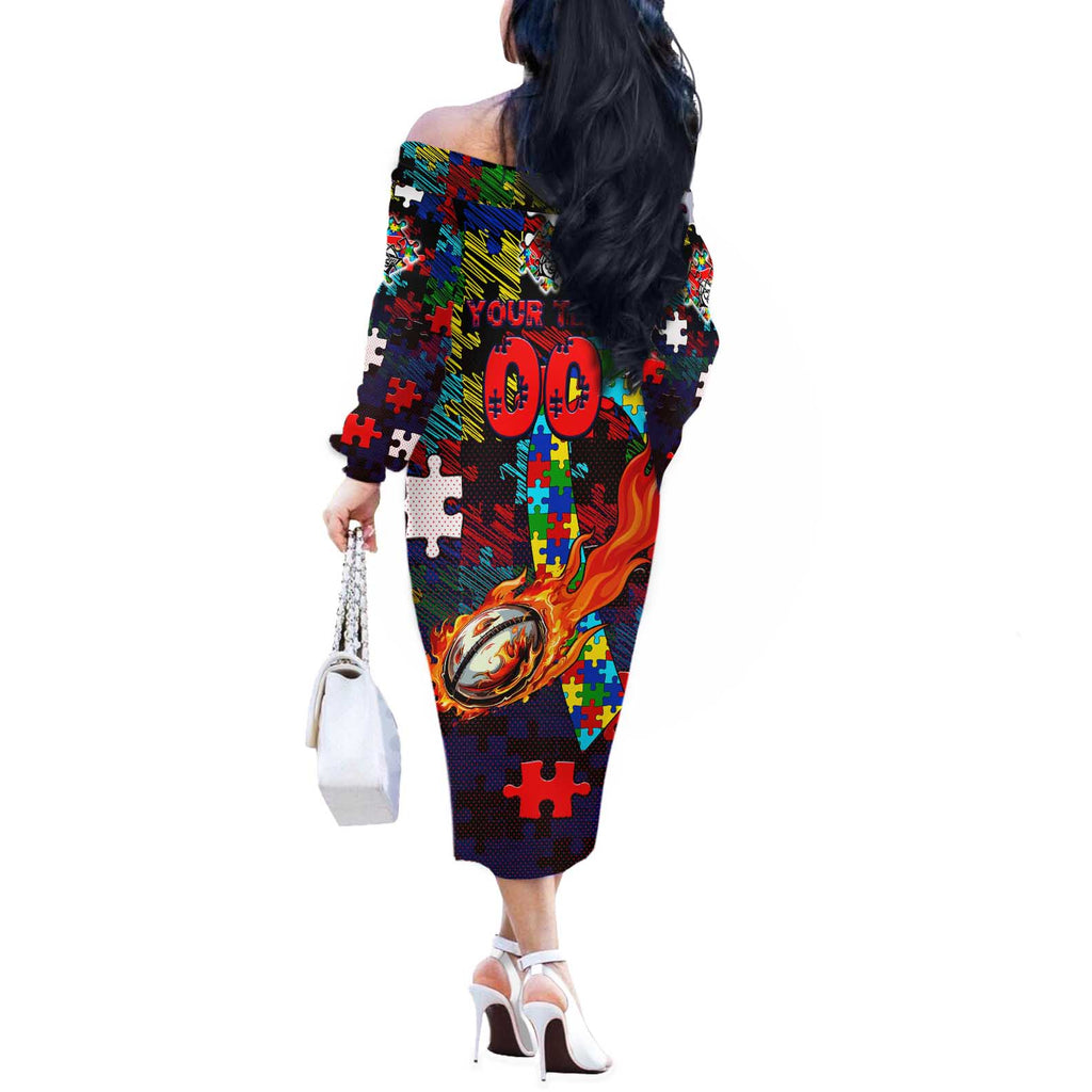Knights Autism Awareness Off The Shoulder Long Sleeve Dress Puzzle Flames Rugby Ball