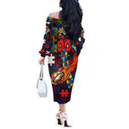 Knights Autism Awareness Off The Shoulder Long Sleeve Dress Puzzle Flames Rugby Ball