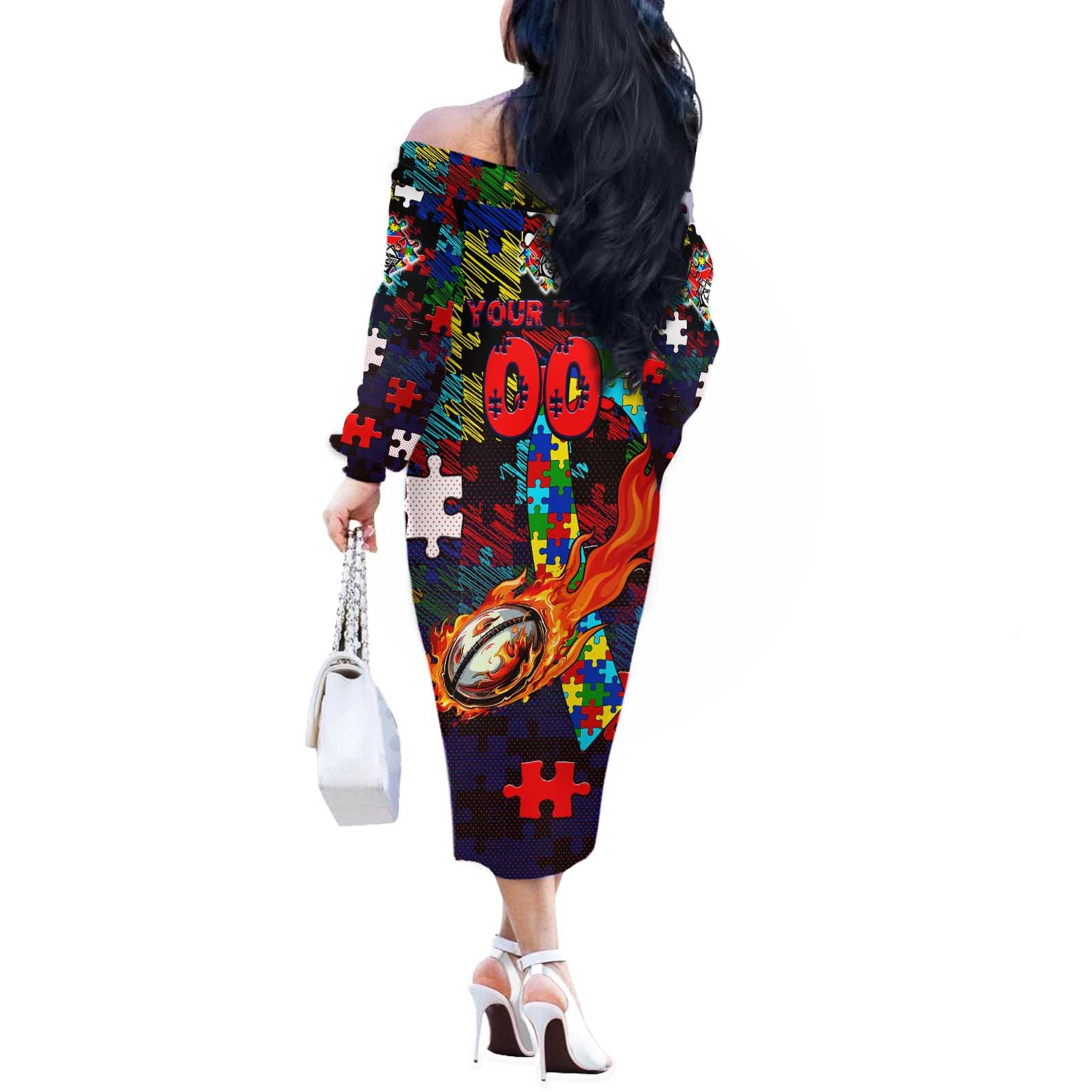 Knights Autism Awareness Off The Shoulder Long Sleeve Dress Puzzle Flames Rugby Ball