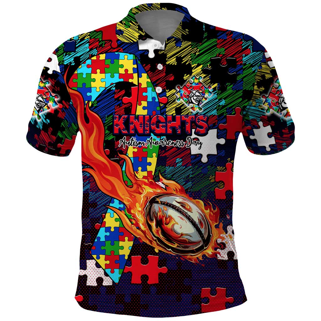 Knights Autism Awareness Polo Shirt Puzzle Flames Rugby Ball