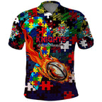 Knights Autism Awareness Polo Shirt Puzzle Flames Rugby Ball