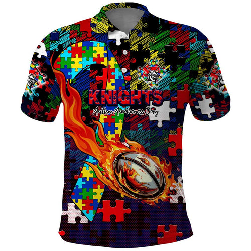 Knights Autism Awareness Polo Shirt Puzzle Flames Rugby Ball