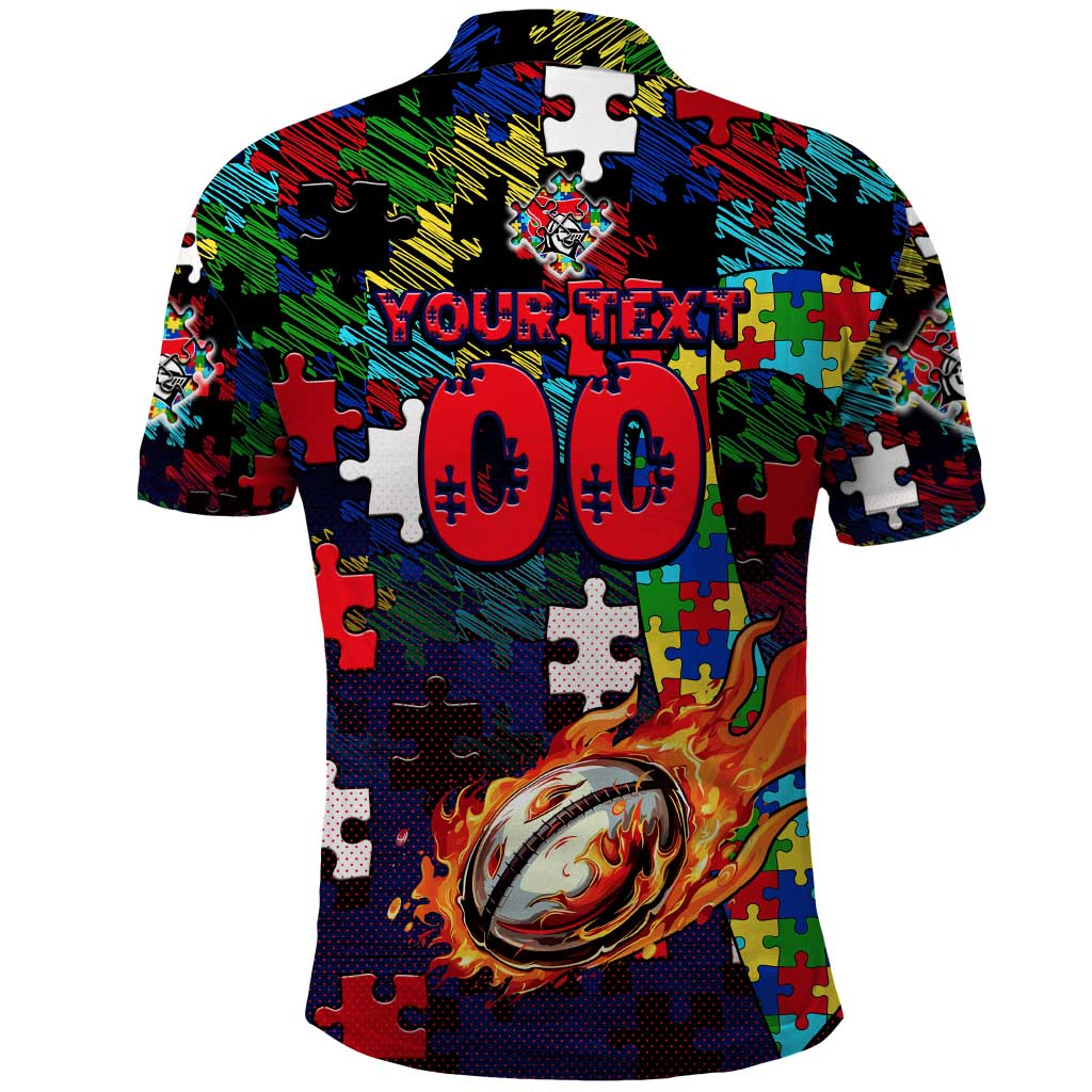 Knights Autism Awareness Polo Shirt Puzzle Flames Rugby Ball